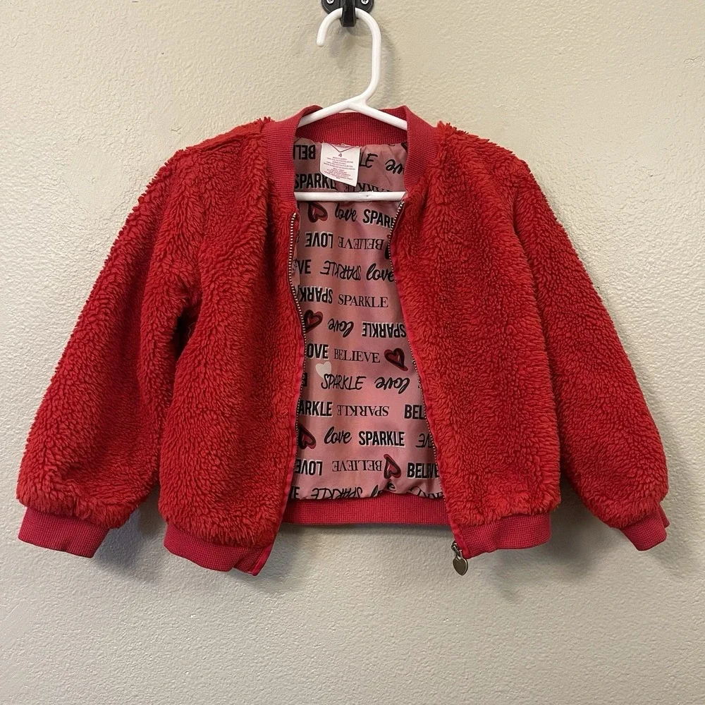 365 Kids From Garnimals Red Teddy Bomber Jacket Zip Up Sparkle Size 4
